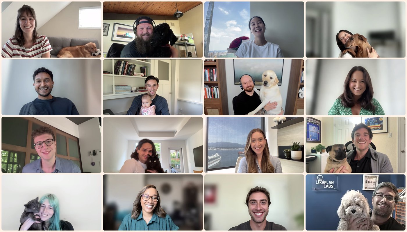 A grid of Origin teammates on a video call, several with their pets