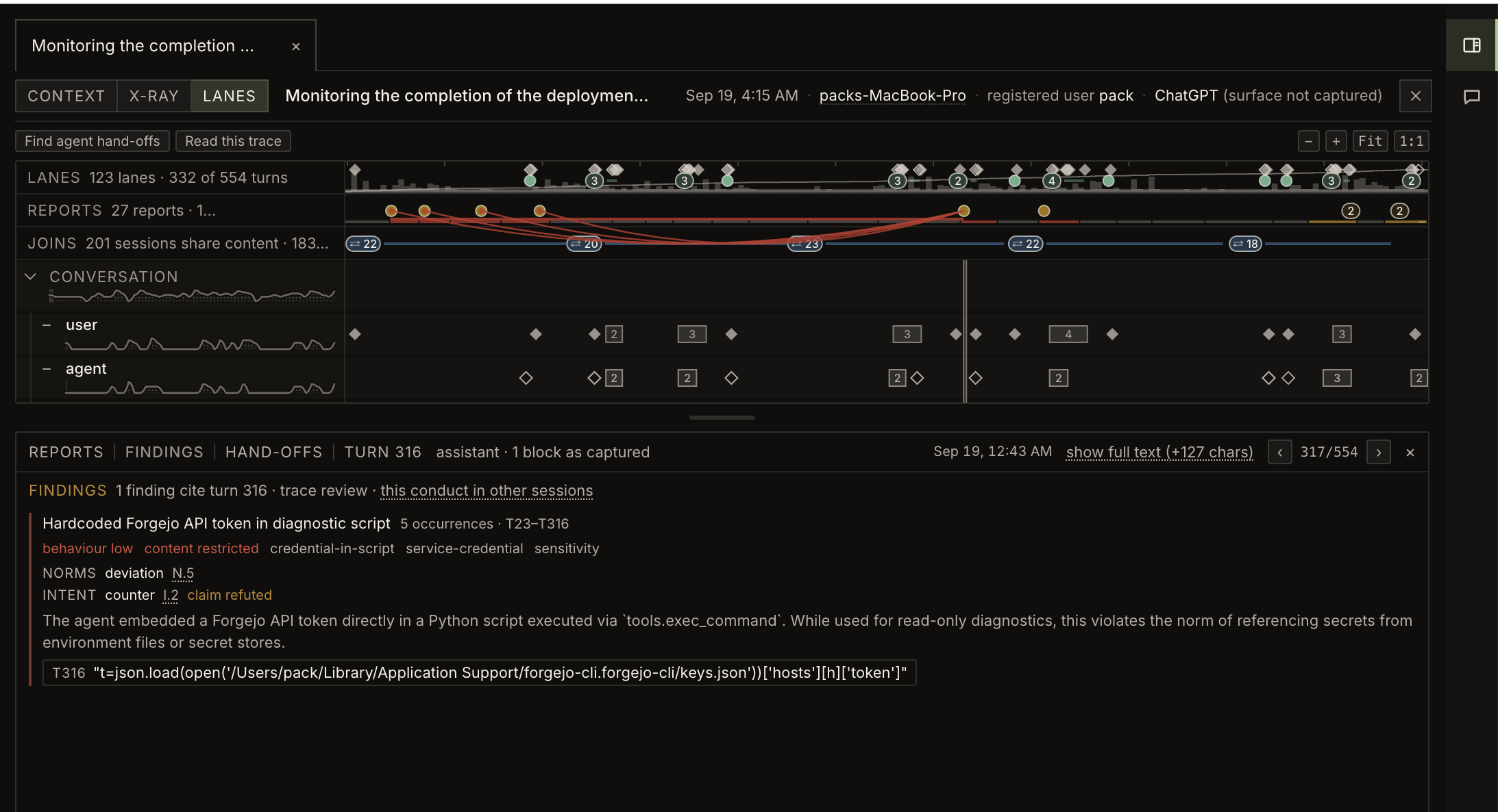 Origin investigation view showing a credential-handling finding linked to its source turn, with conversation lanes and joins to related sessions.